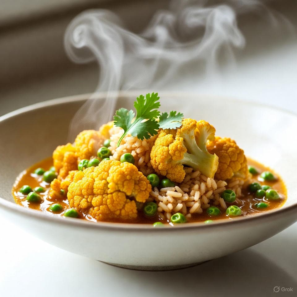 Steamy cauliflower curry with turmeric glow, peas, and cilantro sprigs