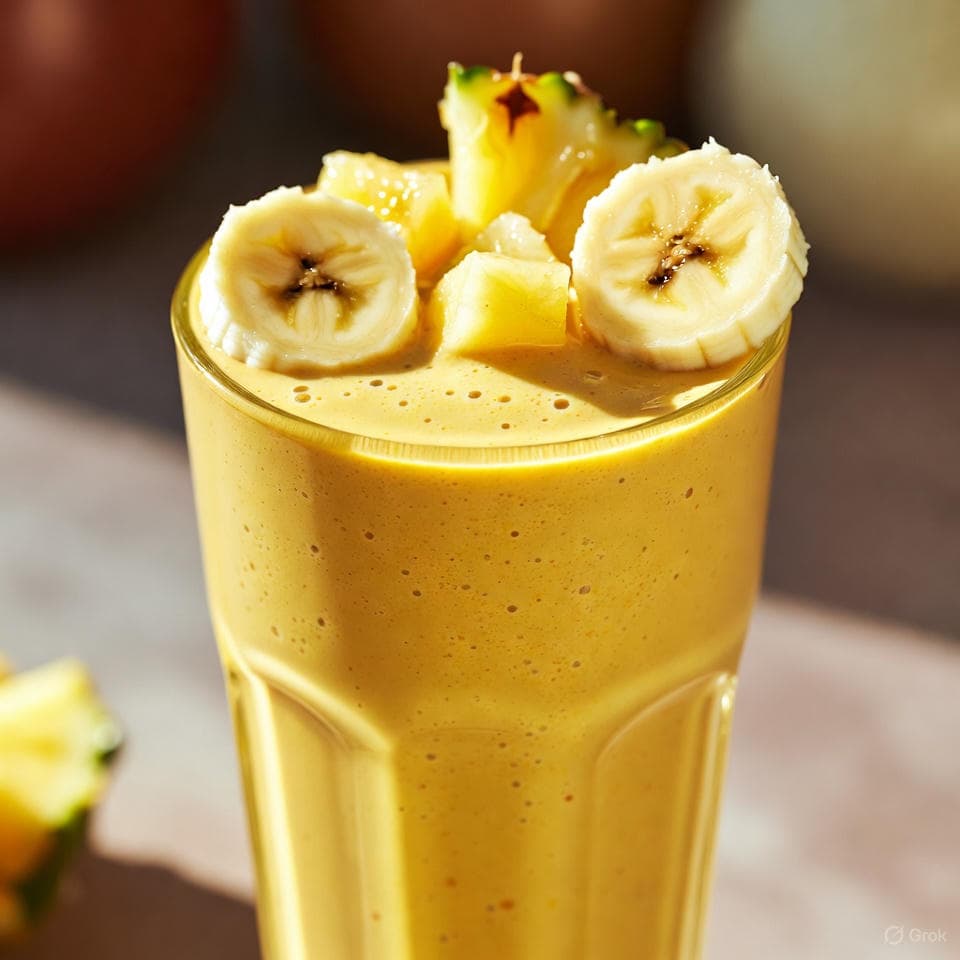 Creamy yellow smoothie with banana slices and a turmeric glow