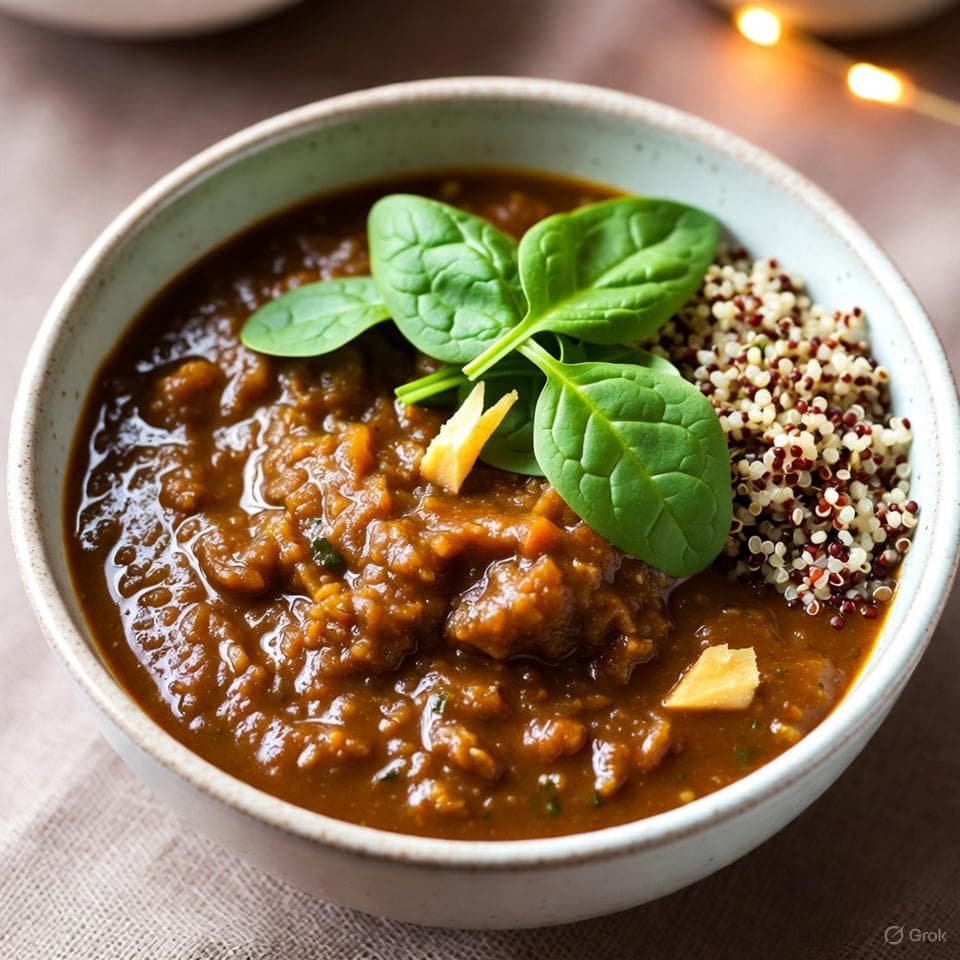 Velvety pumpkin stew swirled with spinach leaves and ginger accents