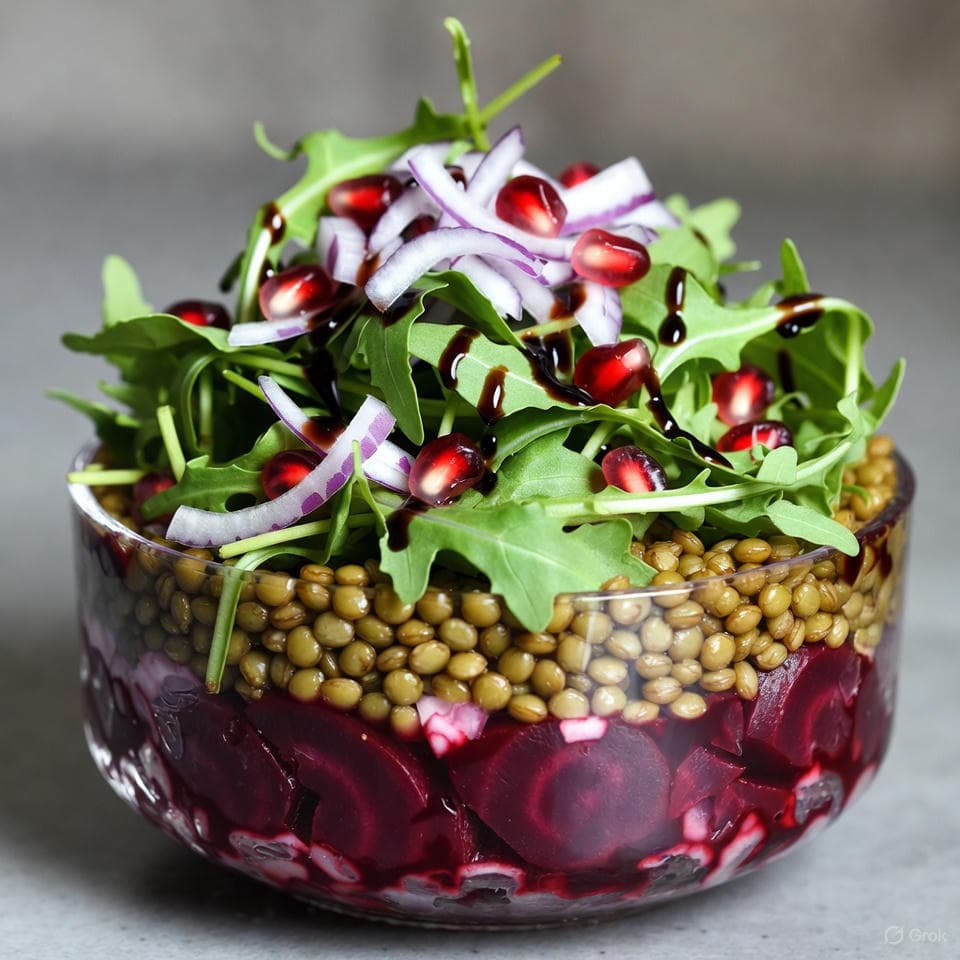 Layered salad with roasted beets, lentils, arugula, and balsamic drizzle