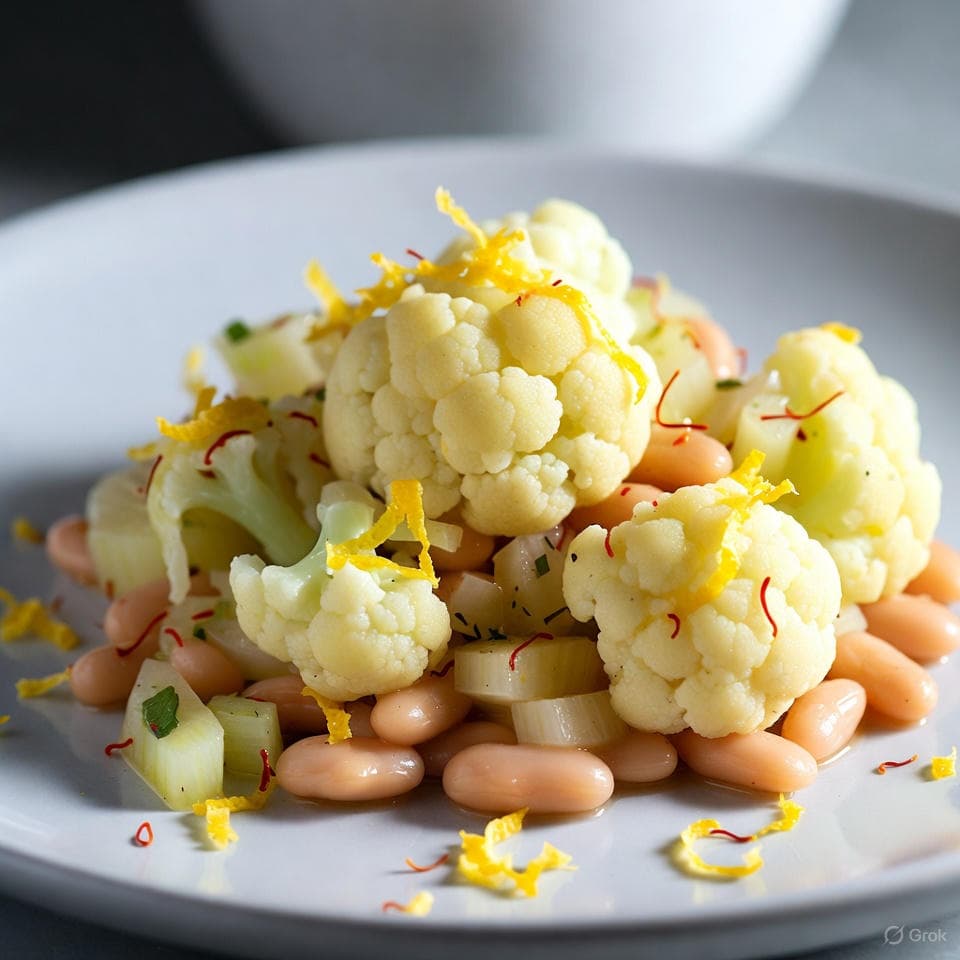 Steamed cauliflower florets with white beans, fennel, and saffron threads