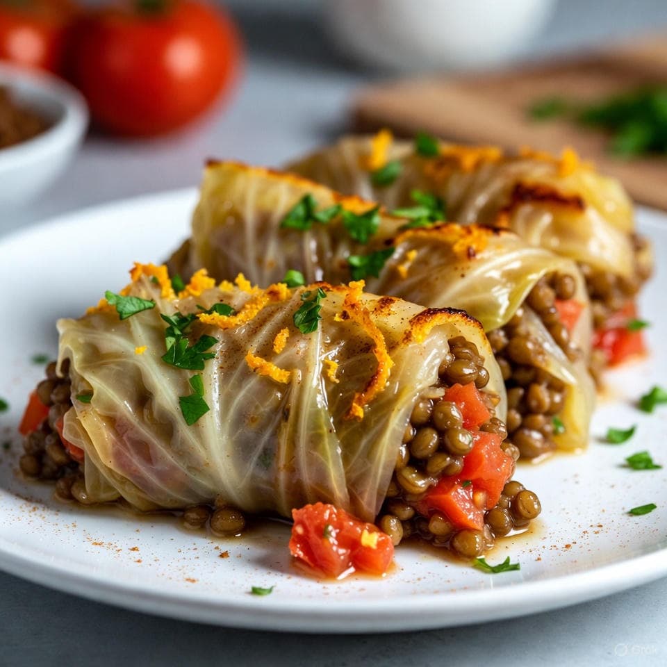 Steamed cabbage rolls filled with lentils, tomatoes, and orange zest bursts