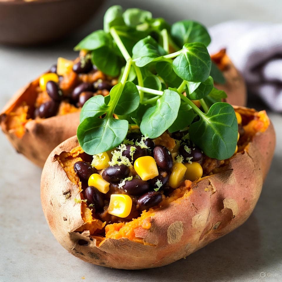 Baked sweet potato halves stuffed with black beans, corn, and lime zest