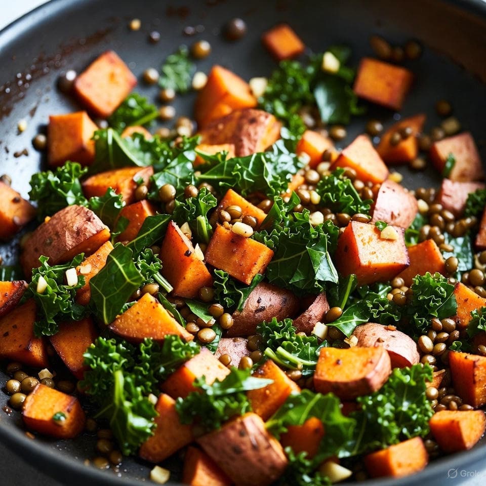 Diced sweet potatoes mixed with kale in a skillet, dotted with herbs