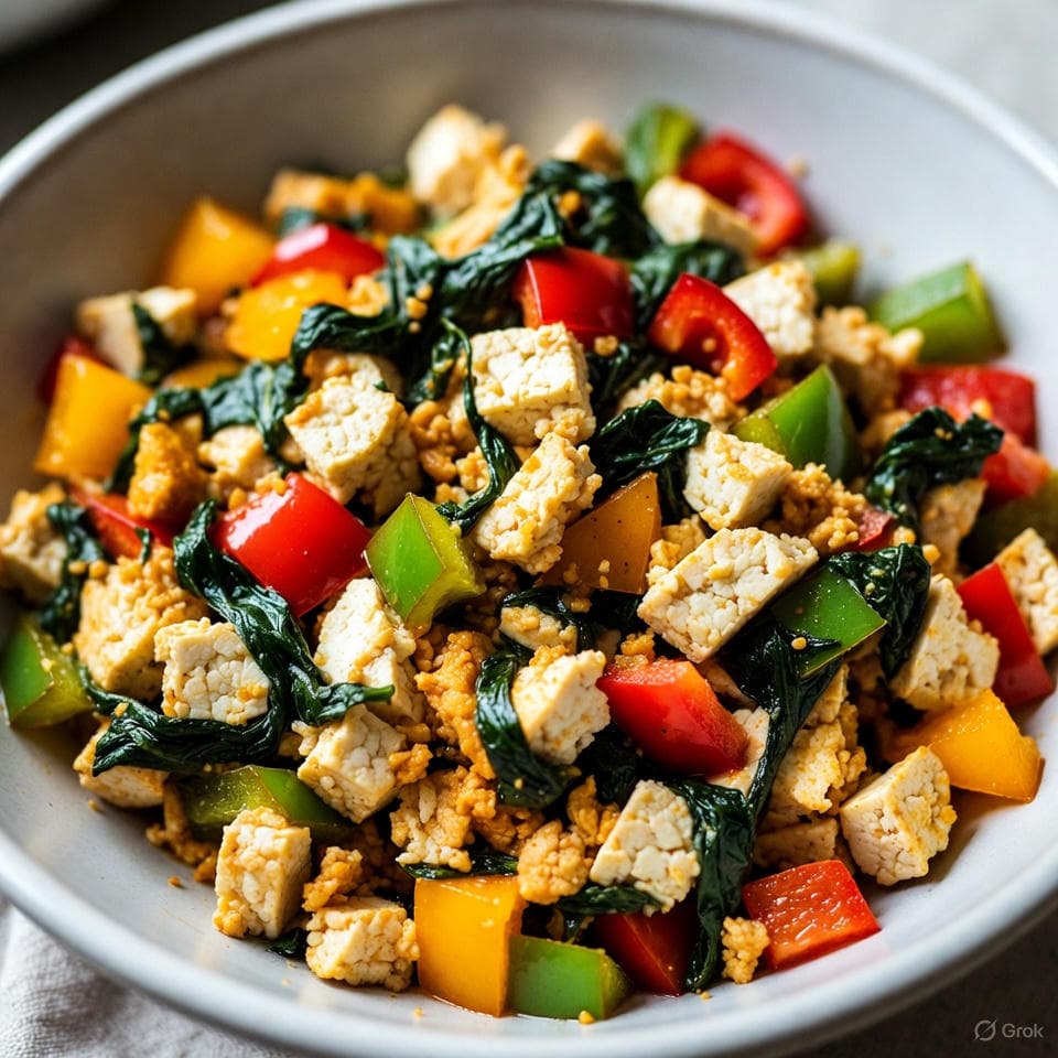 Crumpled tofu scramble with colorful veggies and golden turmeric flecks