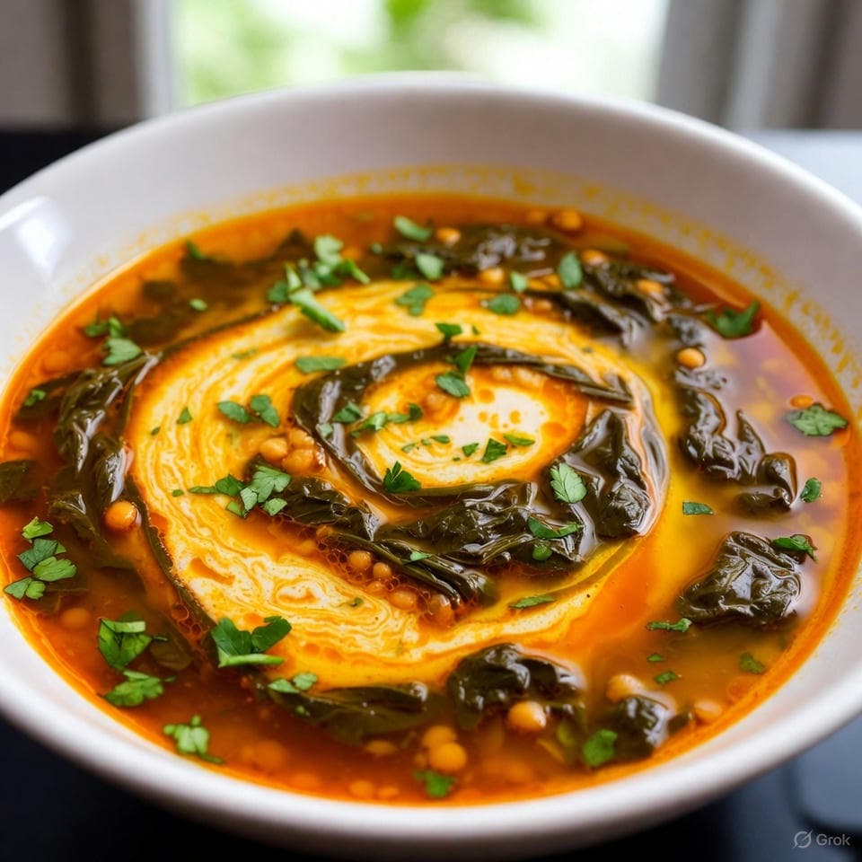 Steaming bowl of red lentil soup swirled with wilted spinach and ginger flecks