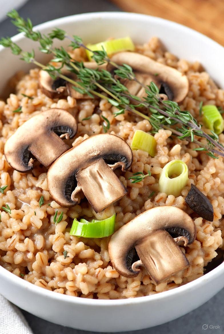 Creamy barley risotto with sliced mushrooms, leeks, and thyme whispers