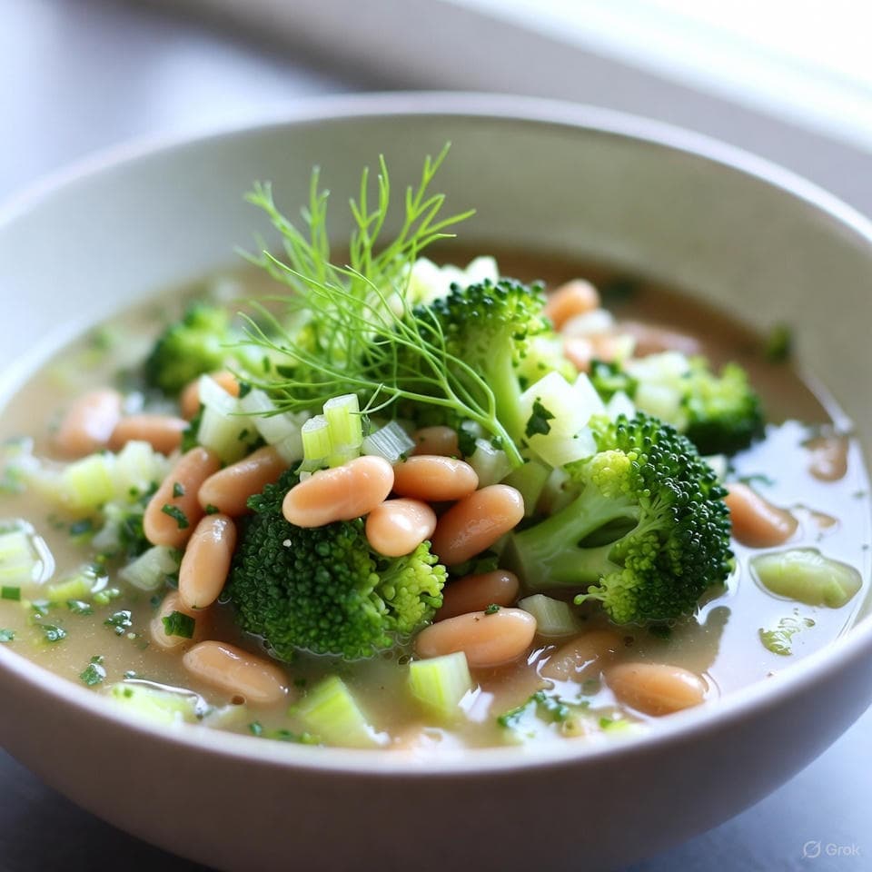 Light broth bowl with white beans, broccoli florets, and fennel fronds