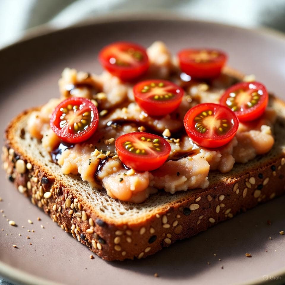Whole grain toast spread with mashed white beans, topped with garlic and herbs